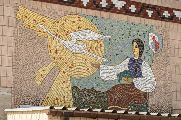 Sowiecka Mozaika Lat Tych Przedstawiająca Kobietę Winogronami Rękach Dźwigiem Kijów — Zdjęcie stockowe