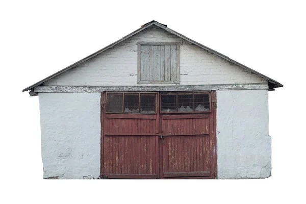 Velho Celeiro Abandonado Com Portão Marrom Madeira Isolado Branco — Fotografia de Stock