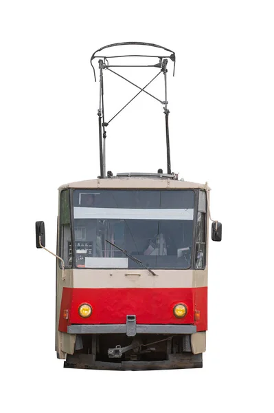 Alte Rote Straßenbahn Tatra Isoliert Auf Weiß Frontansicht — Stockfoto