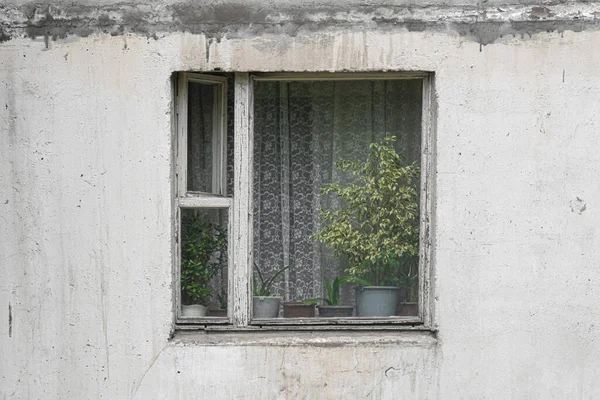 Wit Houten Raam Gevel Van Een Oud Sovjetbetonnen Huis Met — Stockfoto