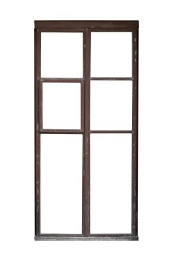 Eski kahverengi, uzun, ahşap pencere çerçevesi altı bölümden oluşur..