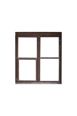 Dört bölümlü kahverengi ahşap pencere çerçevesi izole edilmiştir..