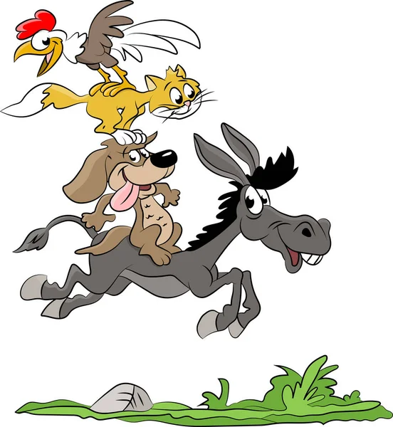 Cartoon Keledai Kucing Dan Ayam Berdiri Atas Satu Sama Lain - Stok Vektor