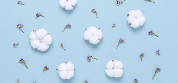 Flower composition. Pattern of cotton flowers and purple flowers on the pastel blue paper background. Beautiful floral banner. Top view, flat lay