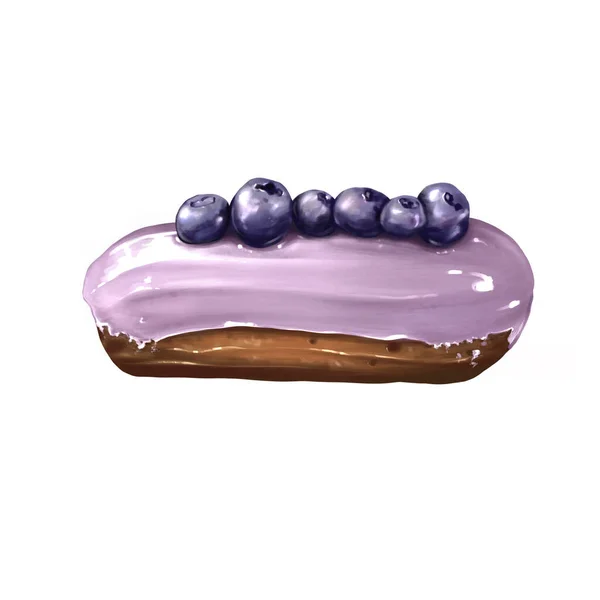 Dessert Mit Beeren Eclair Mit Purpurglasur Und Blaubeeren Fortpflanzungsskizze Rasterillustration — Stockfoto