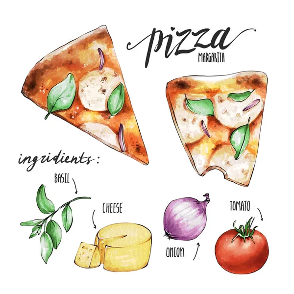 Illust Akwarela Pizza Margarita Ingridients Kuchnia Włoska Raster Ilustracja Izolacja — Zdjęcie stockowe