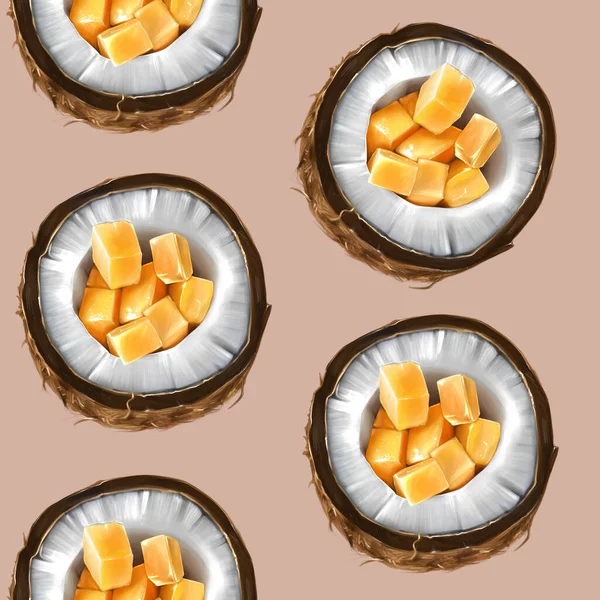 Cocos Jugosos Con Mango Frutas Tropicales Boceto Procrear Ilustración Trama —  Fotos de Stock