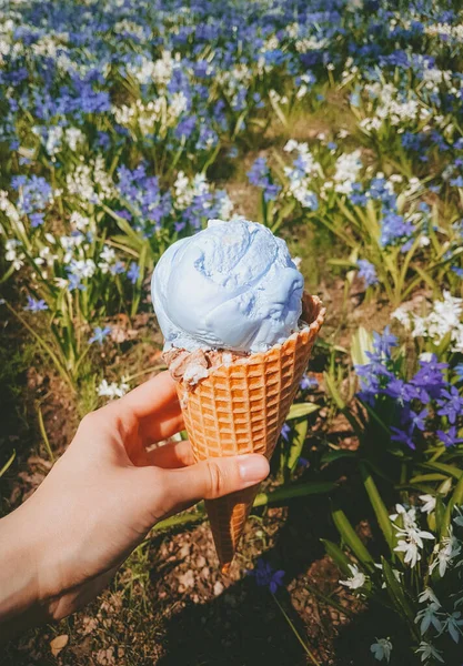 Blue Ice Cream Cone Background Flowers Summer Heat Lifestyle — Stok fotoğraf