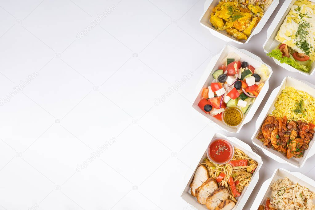 Delivery of food in containers on a white background
