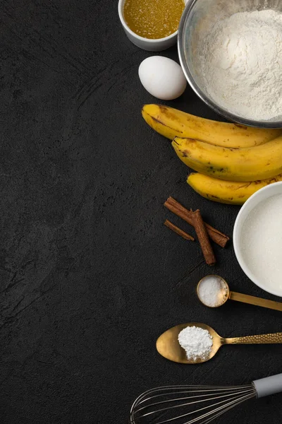 Bulk Ingredients Banana Bread Bowls Bananas Black Background — Stock Photo, Image