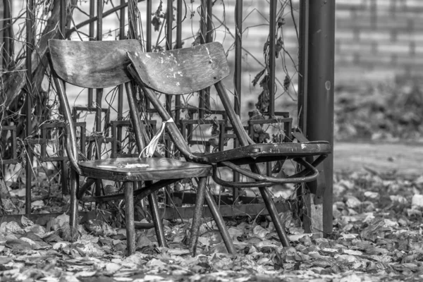 Twee Lege Stoelen Oude Houten Meubels Gebroken Stoelen Afgedankte Lappen — Stockfoto