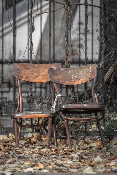 Boş Sandalye Eski Ahşap Mobilyalar Kırık Sandalyeler Çöpe Atılmış Paçavralar — Stok fotoğraf