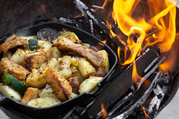 Cooking over a fire. Grilled vegetables and meat. Reheat food over an open fire. Family picnic. Camping in spring, autumn and summer. Fried food. Rural cuisine. Appetizing still life.