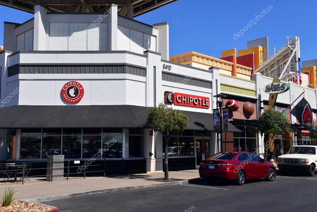 Glendale, AZ, USA - February 25, 2016:  Chipotle Mexican Grill, a fast food chain with locations in multiple countries and Just Sports store at the Westgate Entertainment District.