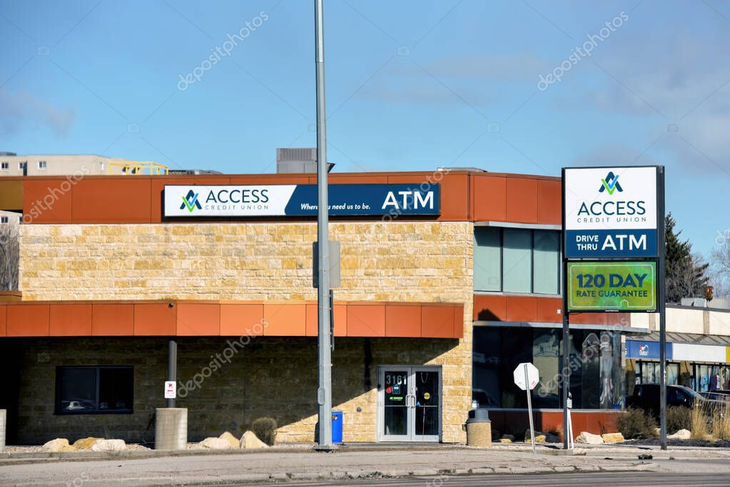 Winnipeg, Canada - April 6, 2025: Access Credit Union is a Canadian credit union, formed by multiple mergers of smaller southern Manitoba credit unions. It provides full daily banking services