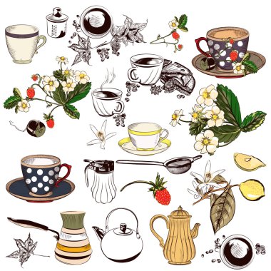 Elle çizilmiş öğeleri bardak, çaydanlık ve diğer yeniden vektör kümesi