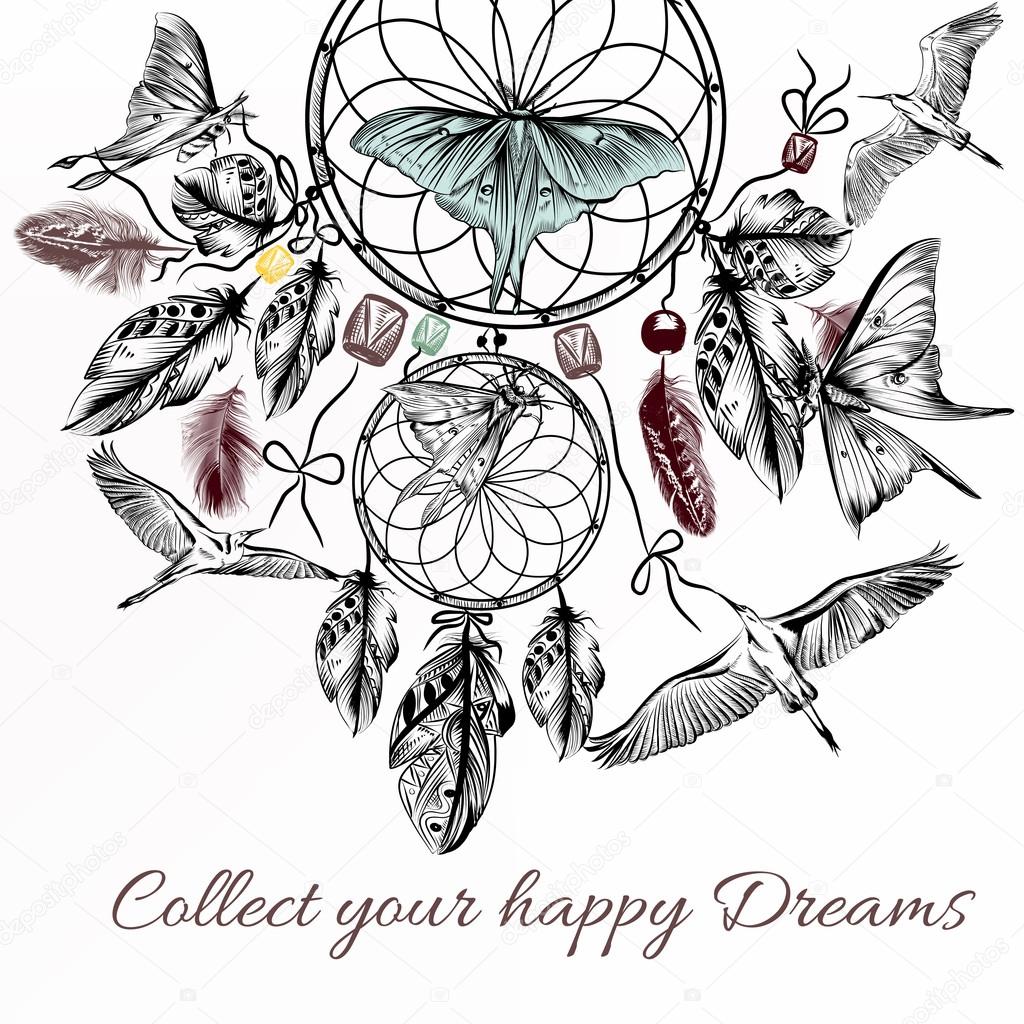 Hand drawn dream catcher in engraved style on white