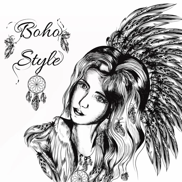 Belle fille rêveuse aux cheveux longs portée dans des vêtements de style boho w — Image vectorielle