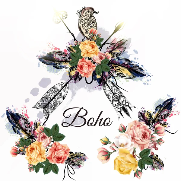 Boho disegno tribale con le frecce rose e uccelli in acquerello han — Vettoriale Stock