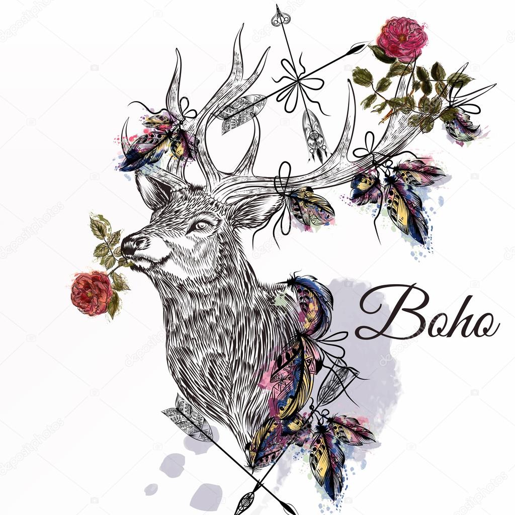 deer with feathers and arrows holding rose flower boho tribal st