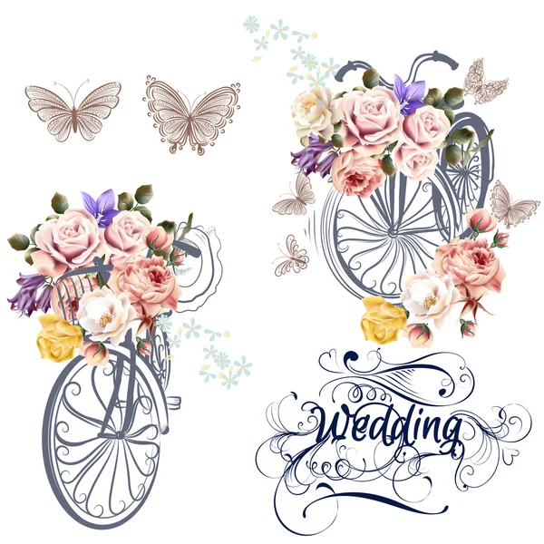 Lindo conjunto de vectores para el diseño de invitación con bicicleta falsa y flujo — Vector de stock