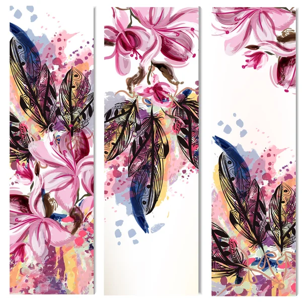 Conjunto de folletos verticales vectoriales con flores y plumas de magnolia — Archivo Imágenes Vectoriales
