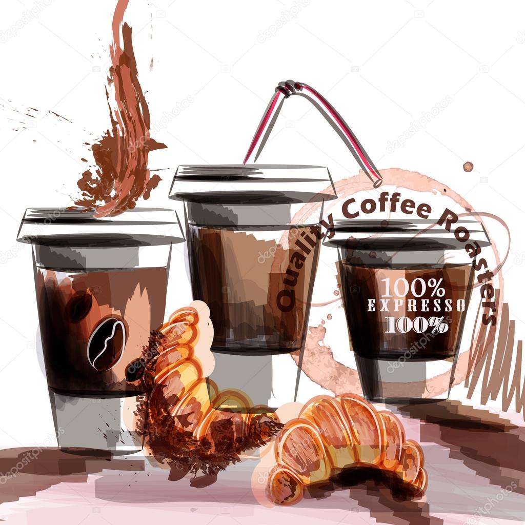 Poster or banner with coffee plastic cups and croissant painted 