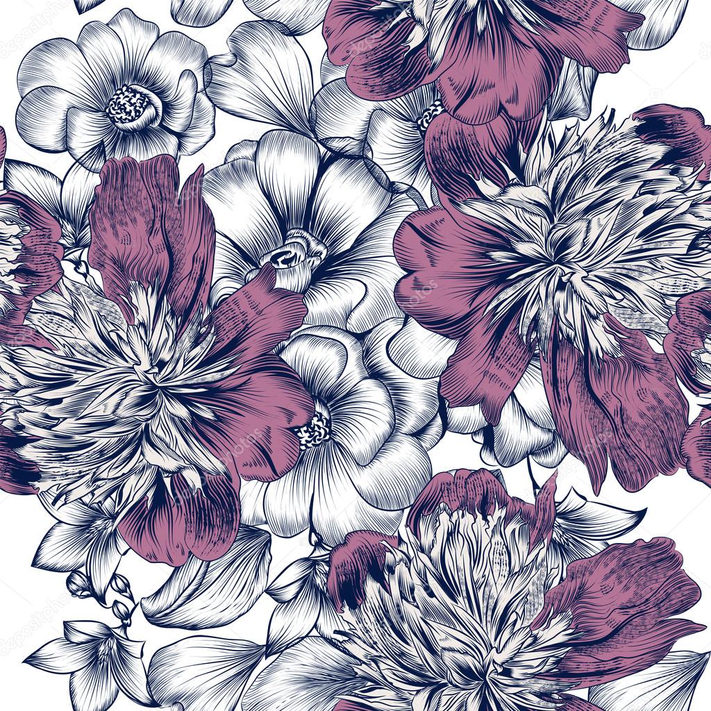 Vector seamless pattern with roses and peony flowers in engraved