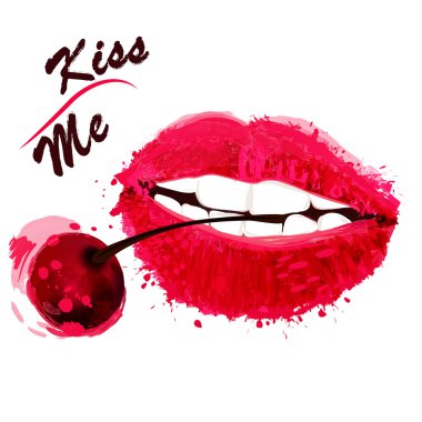 Vektör kırmızı şehvetli kadın dudaklar suluboya noktalar holdi tarafından boyalı