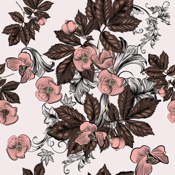 Floral seamless wallpaper pattern with pink flowers — Stock Vector