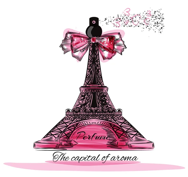 Ilustración vectorial con frasco de perfume en forma de torre Eifel — Vector de stock