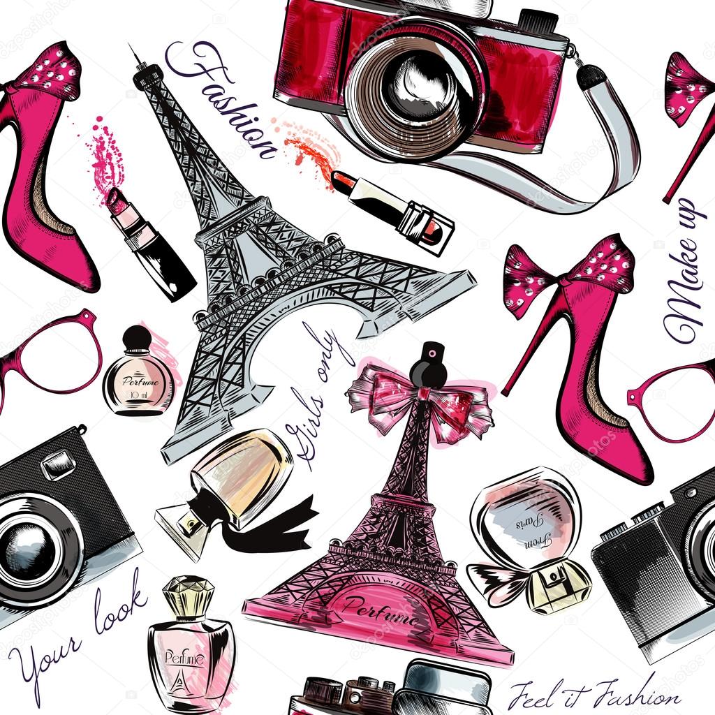 Vector seamless fashion background with perfume Eifel tower shoe