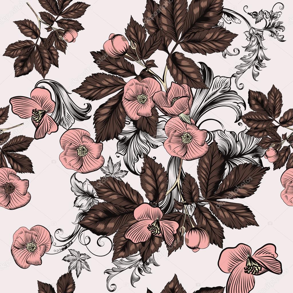 Floral seamless wallpaper pattern with pink flowers