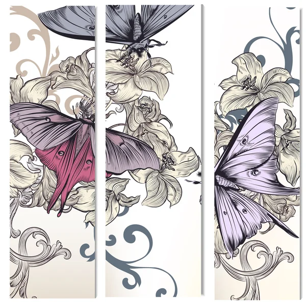 Conjunto de folletos verticales con flores y mariposas dibujadas a mano — Vector de stock