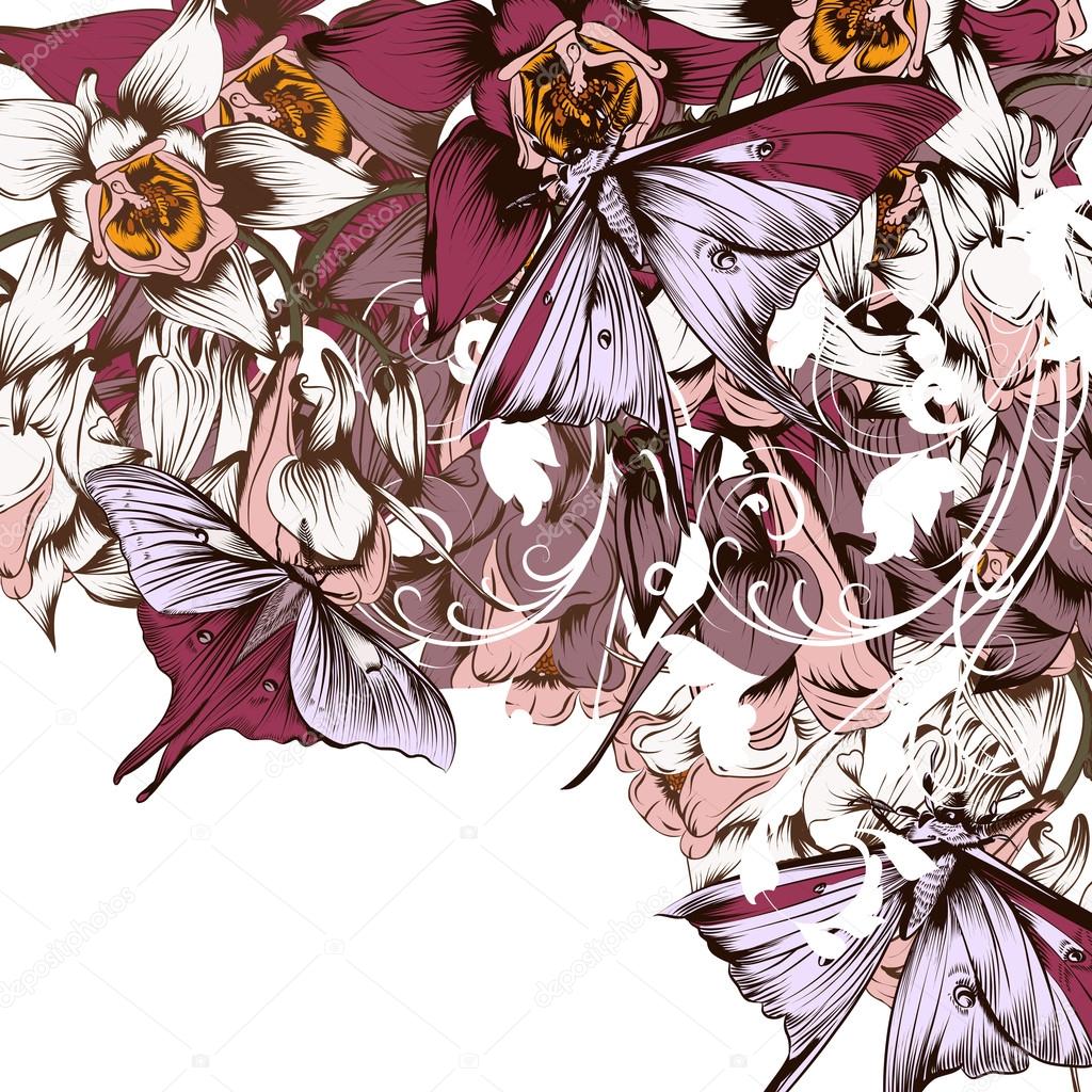 Vector background with butterflies and flowers filigree drawn il