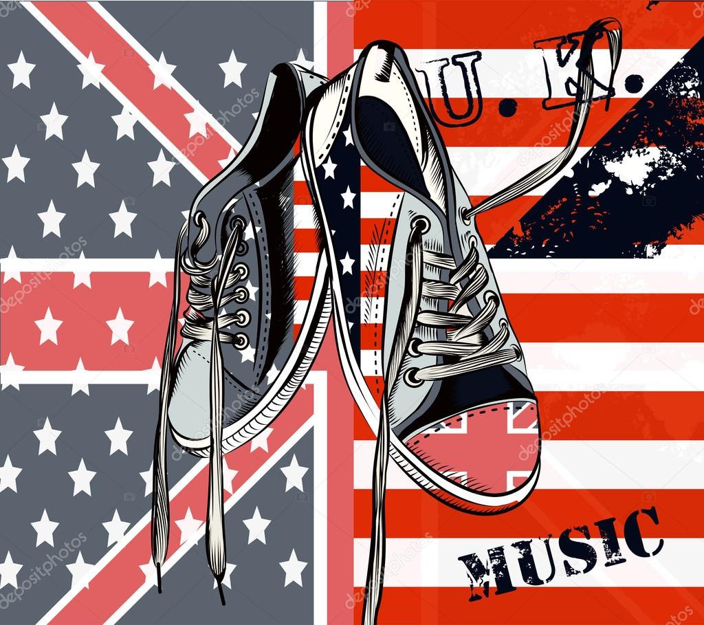 Fashion background with sports boots decorated by British and US