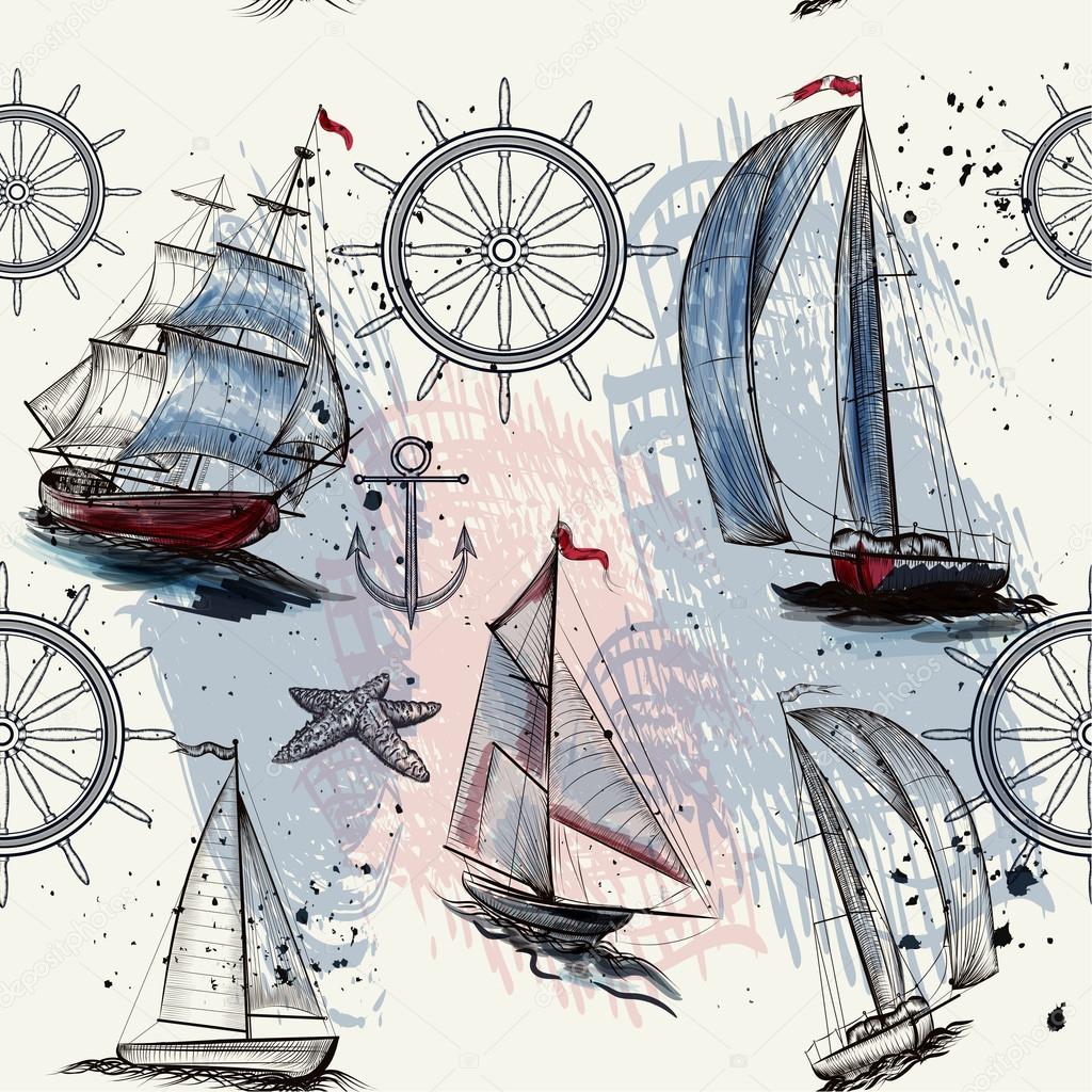 Vector seamless background with hand drawn ships 