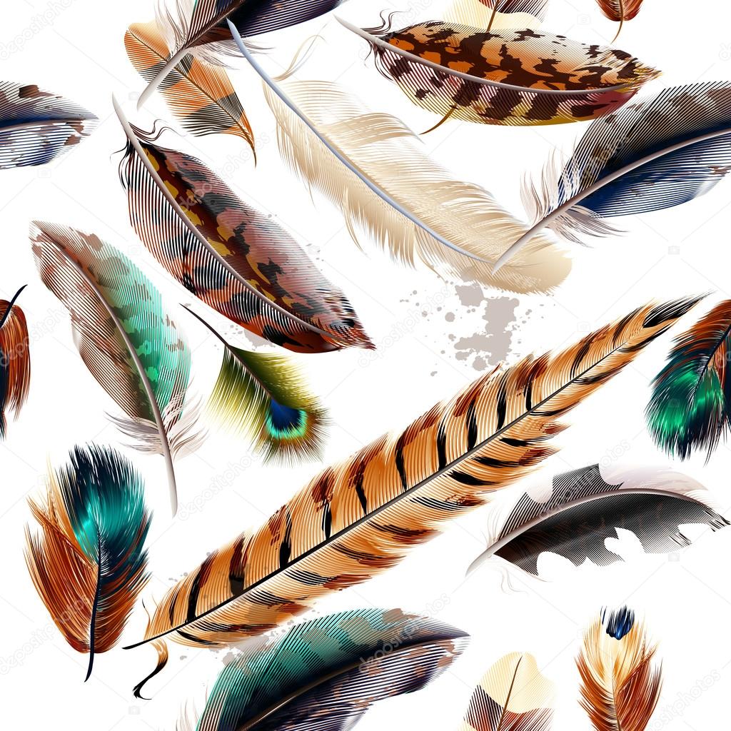 Seamless pattern with colorful and engraved feathers