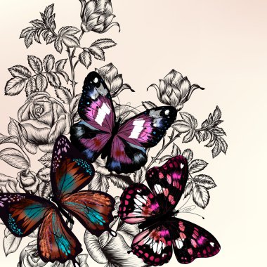 Gül çiçek ve butte el ile arka plan tarz vintage çizilmiş