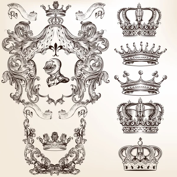 Vektor-Set von Kronen und detaillierten Schildern für Ihr heraldisches Design — Stockvektor