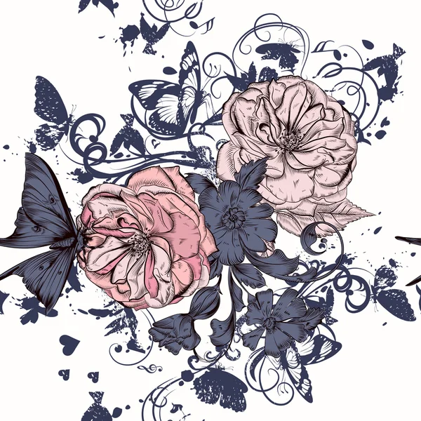 Fond vectoriel avec fleurs de roses à la main en st vintage gravé — Image vectorielle