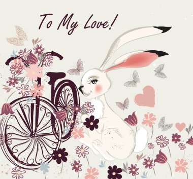 Sevimli tavşan Bisiklet ve çiçek benim lov için alan kartpostal