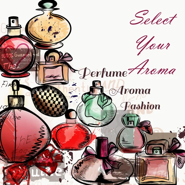 Fondo vectorial con perfumes dibujados en acuarela estilo select — Vector de stock