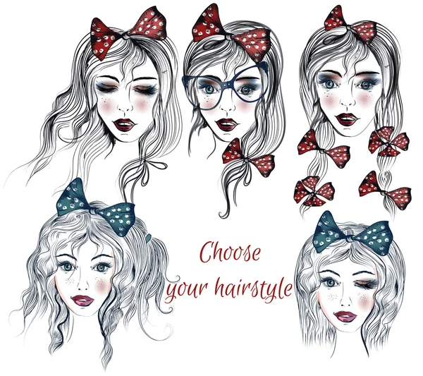 Illustration with a face of pretty girls with different hairstyl Stock Illustration