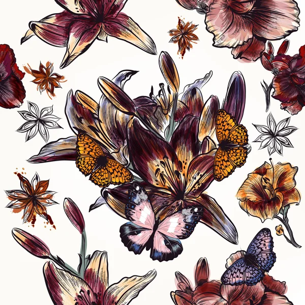 Fondo vectorial sin costura floral con flores de estilo acuarela — Archivo Imágenes Vectoriales