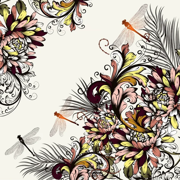 Mooie bloemen achtergrond met kleurrijke ornament en dragonfly — Stockvector