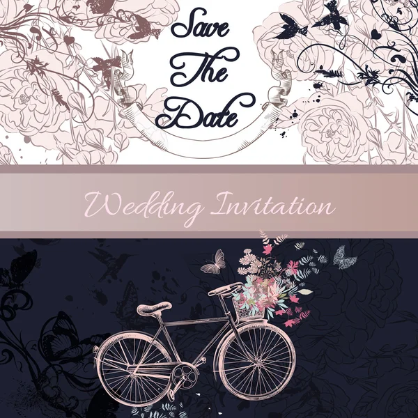 Wedding invitation or save the date card with bicycle and roses — Stock Vector