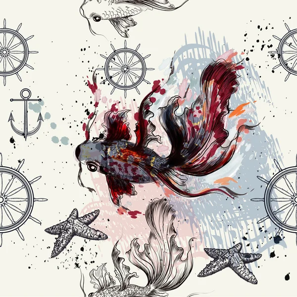 Varrat nélküli tapéta mintát halakkal, akvarell stílusban készült — Stock Vector
