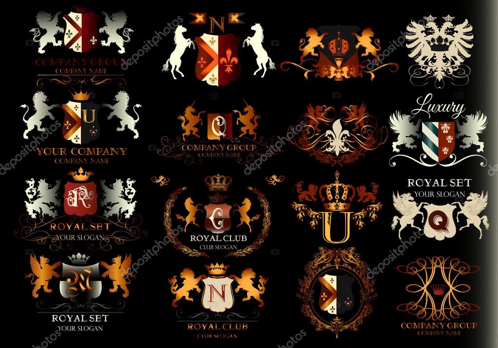 A collection of vector  logotypes in heraldic luxury style for templates business cards identity boutique menu and branding design