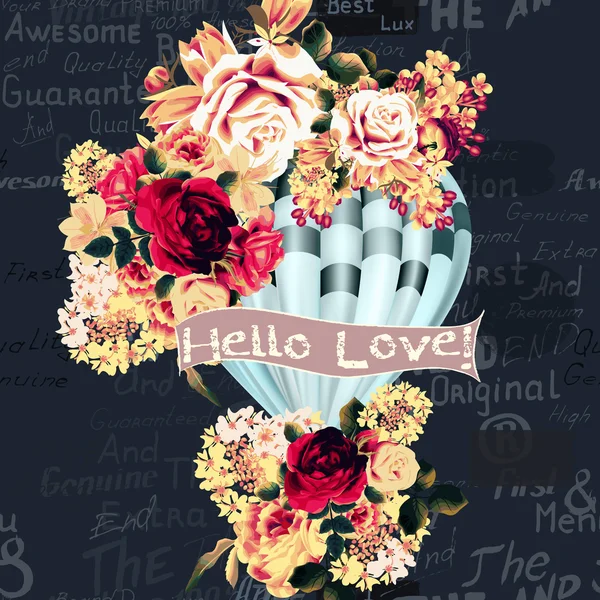Ilustración o tarjeta con globo aerostático creado a partir de flores en wa — Vector de stock